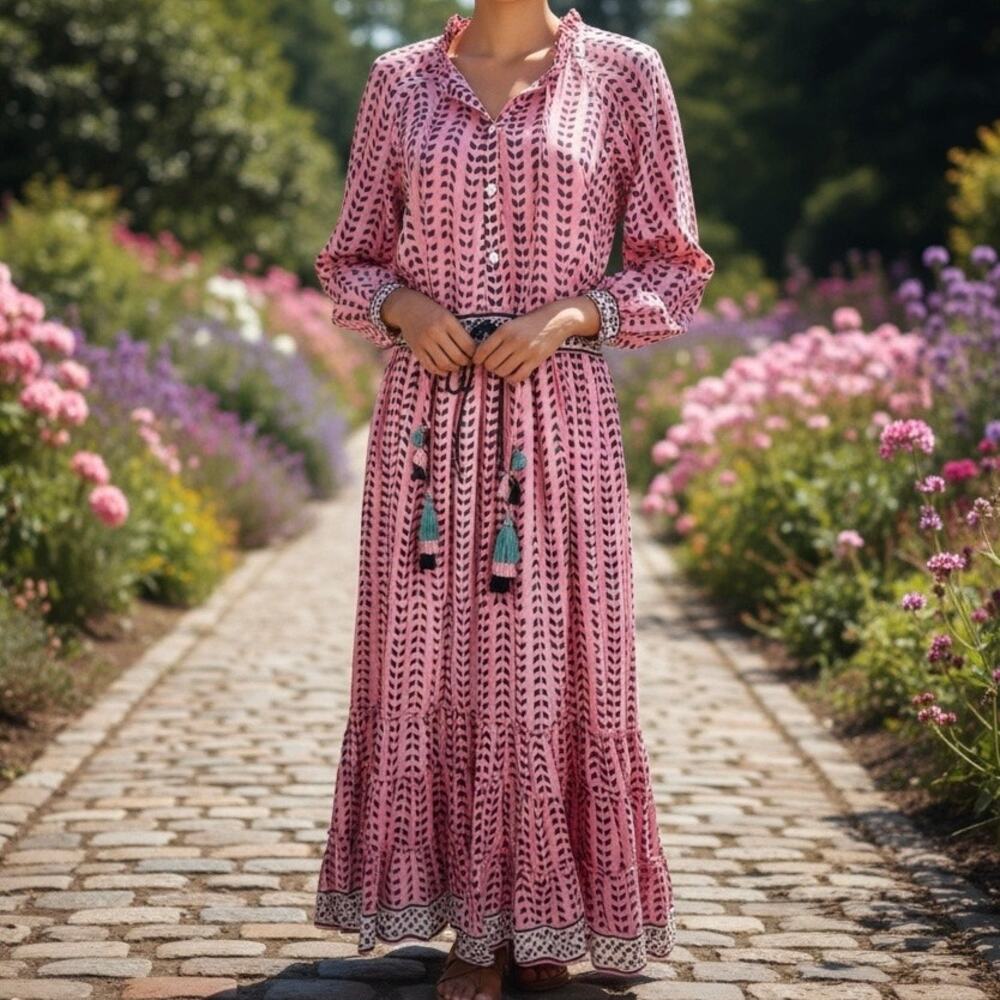 Alicia Bell - Women's Pink Silk Printed Maxi Dress with Tassel Tie - M